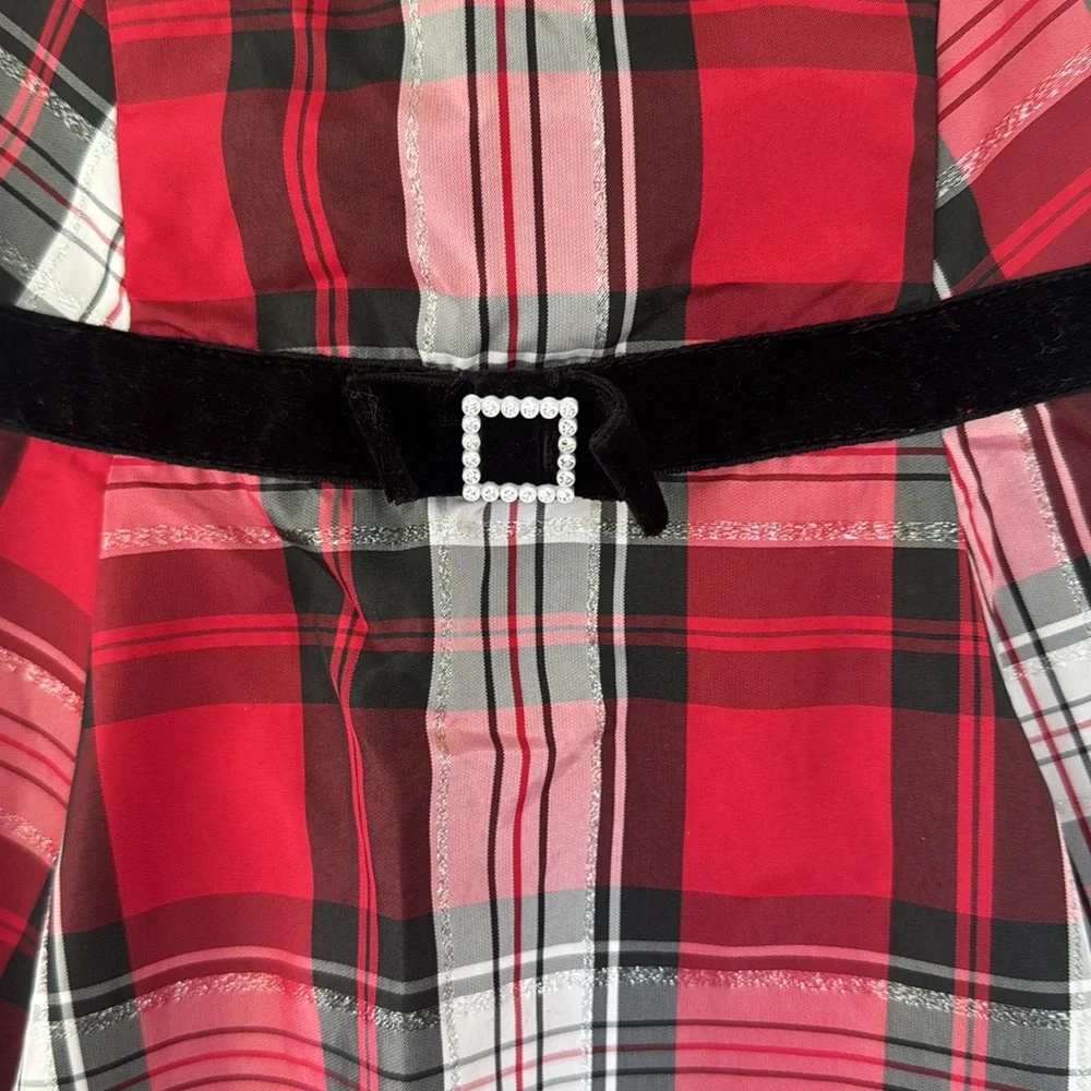 Jona Michelle red black plaid bow belt sleeveless Christmas holiday dress size 8